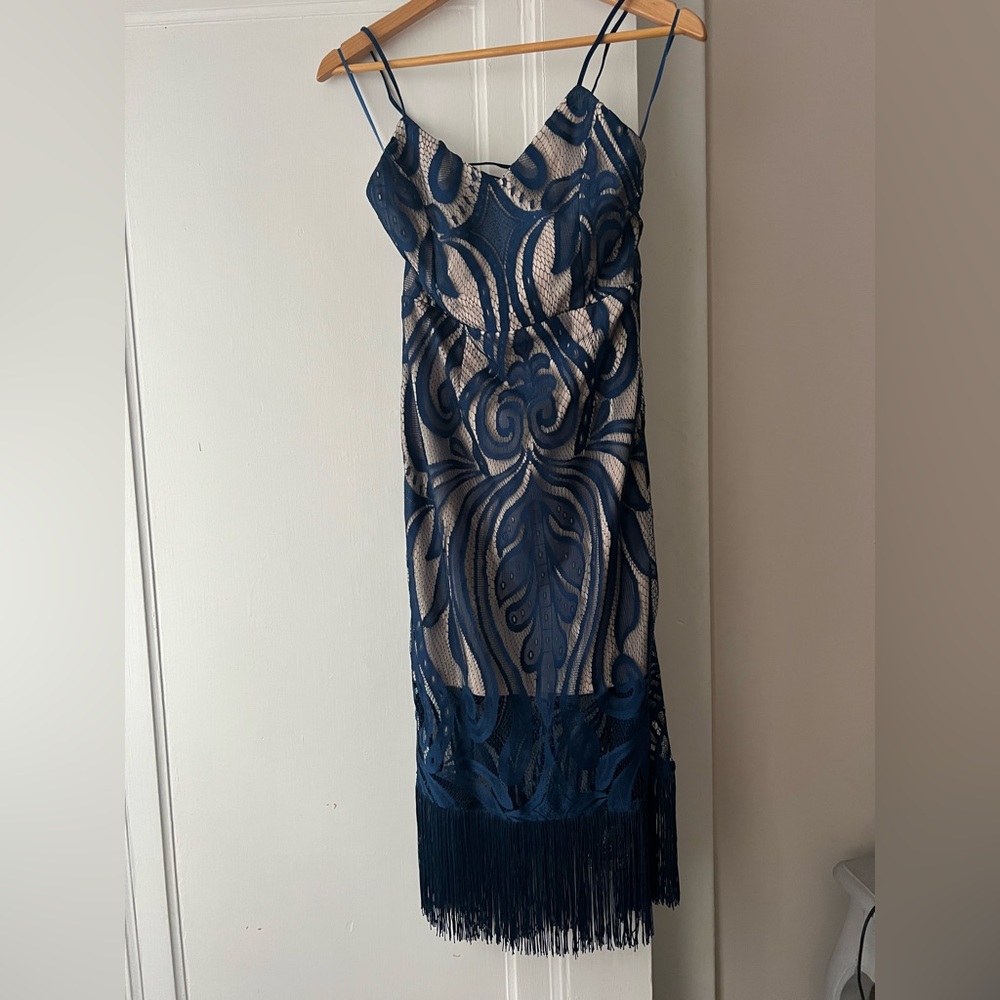ASOS Navy blue midi with nude underlay and fringe detail